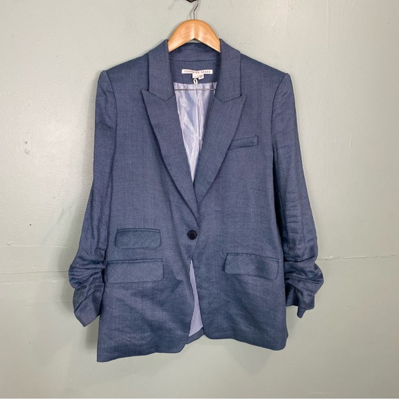 Veronica Beard Martel Herringbone Dickey Jacket‎ Blazer Blue Size 14 Linen Blend - Picture 1 of 10